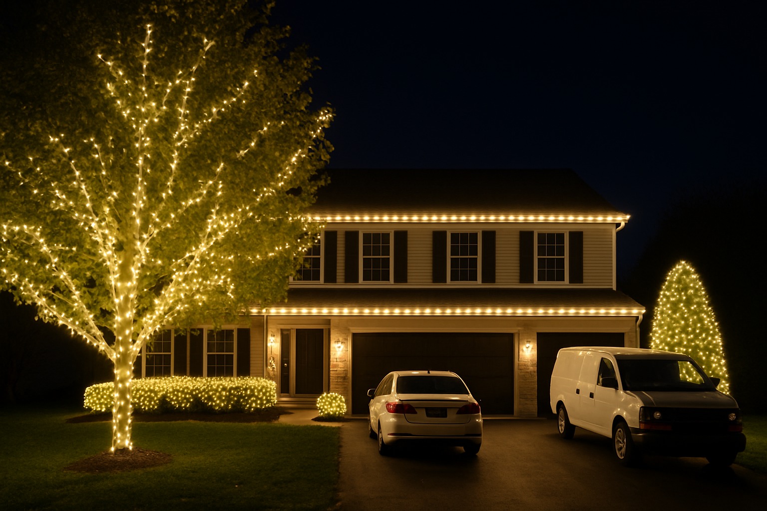 House illuminated with professionally installed warm white Christmas lights at night